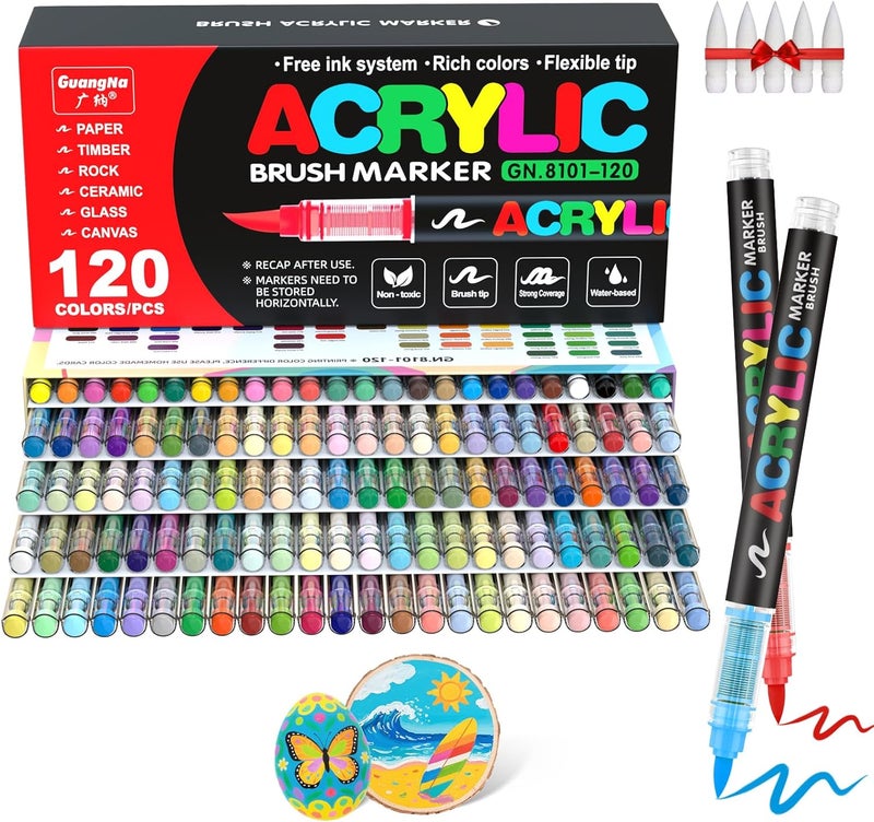 GuangNa Acrylic Paint Markers Brush Tip, 120 Vivid Colors with Direct-Liquid Ink Control System, Professional-Grade Paint Pen for Rock Painting, Canvas, Glass, Plastic, Fabric & Creative Crafts - Image 1